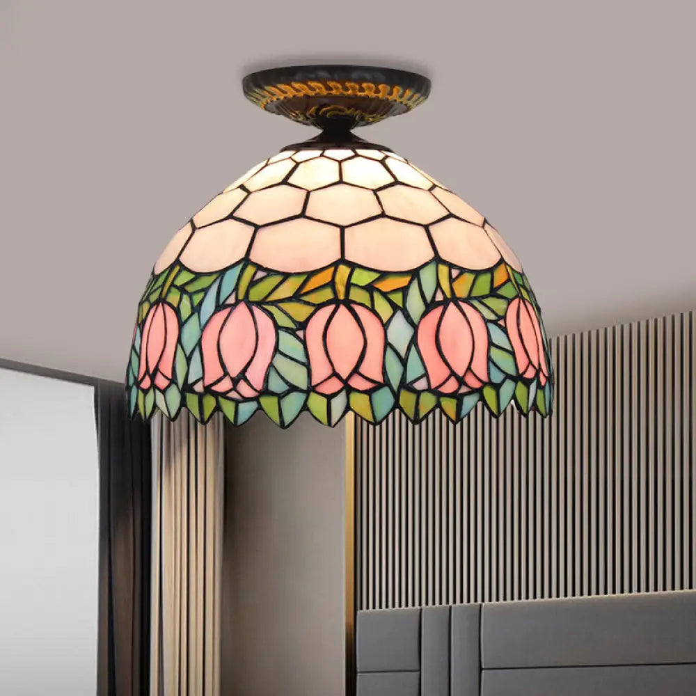 DecorBites™ DecorBites™ Tiffany-Style Stained Glass Floral Ceiling Fixture: Bronze Flush Mount with Single Bulb