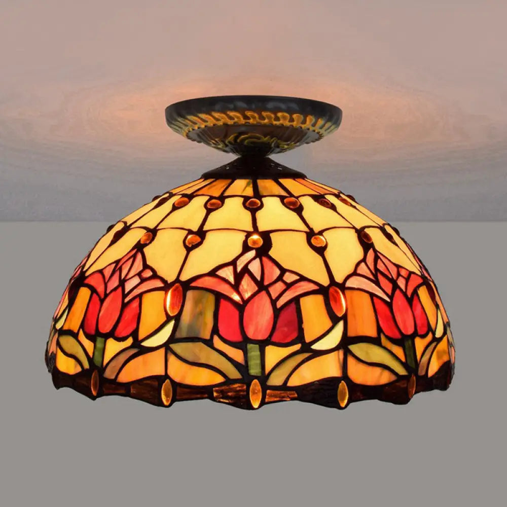 DecorBites™ DecorBites™ Tiffany-Style Stained Glass Floral Ceiling Fixture: Bronze Flush Mount with Single Bulb