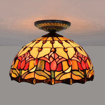 DecorBites™ DecorBites™ Tiffany-Style Stained Glass Floral Ceiling Fixture: Bronze Flush Mount with Single Bulb