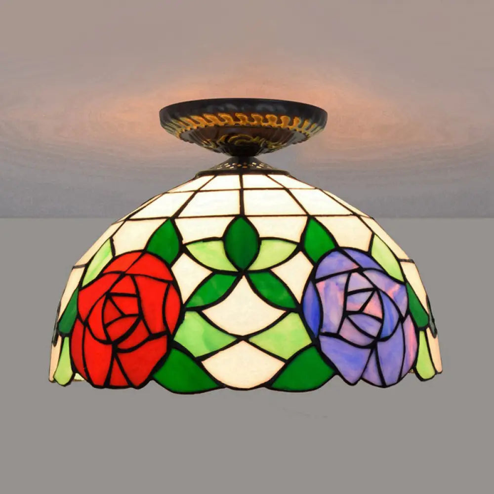 DecorBites™ DecorBites™ Tiffany-Style Stained Glass Floral Ceiling Fixture: Bronze Flush Mount with Single Bulb