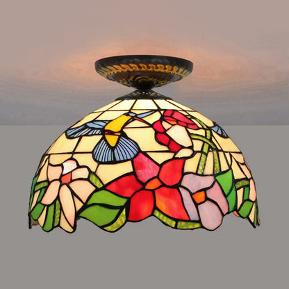 DecorBites™ DecorBites™ Tiffany-Style Stained Glass Floral Ceiling Fixture: Bronze Flush Mount with Single Bulb