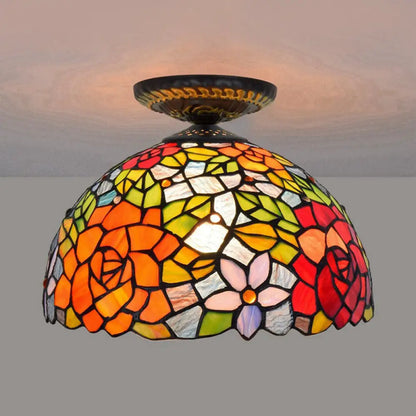 DecorBites™ DecorBites™ Tiffany-Style Stained Glass Floral Ceiling Fixture: Bronze Flush Mount with Single Bulb