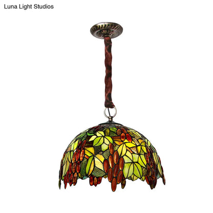 Tiffany-Style Stained Glass Grape Pendant Chandelier with 3 Green Lights