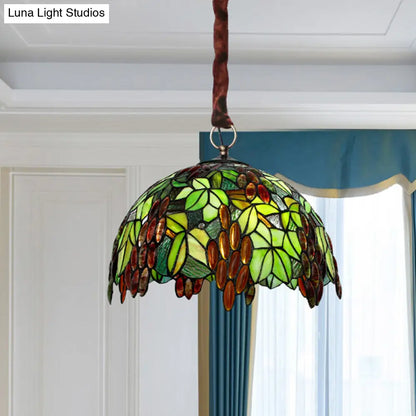 Tiffany-Style Stained Glass Grape Pendant Chandelier with 3 Green Lights