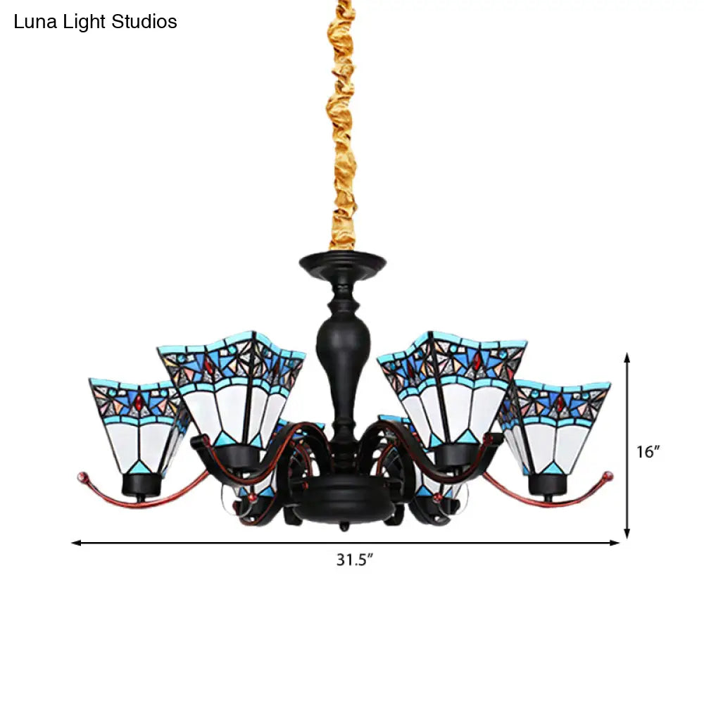 Tiffany Style Stained Glass Inverted Chandelier - 6 Lights Geometric Design for Dining Room