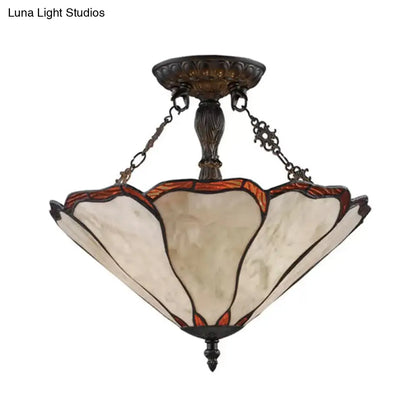 Tiffany Style Stained Glass LED Ceiling Light - 2-Light Cone Semi Flush Mount, 14" W