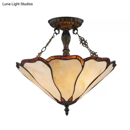 Tiffany Style Stained Glass LED Ceiling Light - 2-Light Cone Semi Flush Mount, 14" W