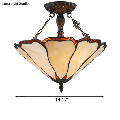 Tiffany Style Stained Glass LED Ceiling Light - 2-Light Cone Semi Flush Mount, 14" W