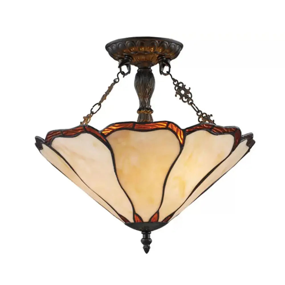 Tiffany Style Stained Glass LED Ceiling Light - 2-Light Cone Semi Flush Mount, 14" W