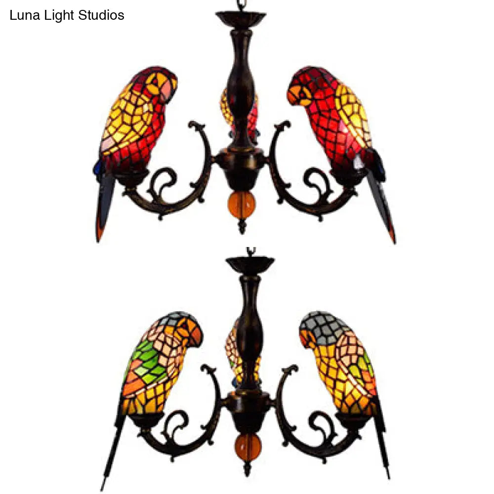Tiffany Style Stained Glass Parrot Chandelier Light - Red/Blue - 3 Lights - Ideal for Restaurants