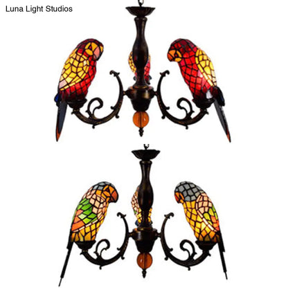 Tiffany Style Stained Glass Parrot Chandelier Light - Red/Blue - 3 Lights - Ideal for Restaurants