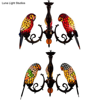 Tiffany Style Stained Glass Parrot Chandelier Light - Red/Blue - 3 Lights - Ideal for Restaurants