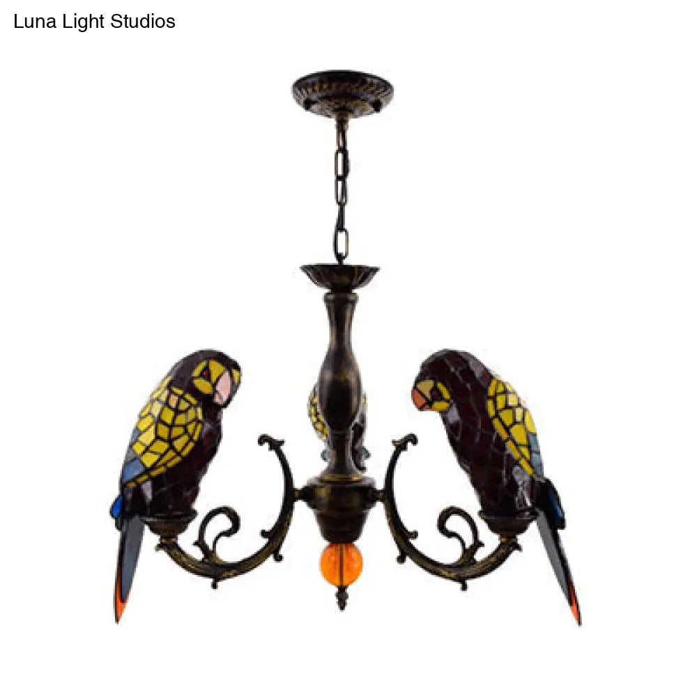 Tiffany Style Stained Glass Parrot Chandelier Light - Red/Blue - 3 Lights - Ideal for Restaurants