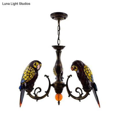Tiffany Style Stained Glass Parrot Chandelier Light - Red/Blue - 3 Lights - Ideal for Restaurants