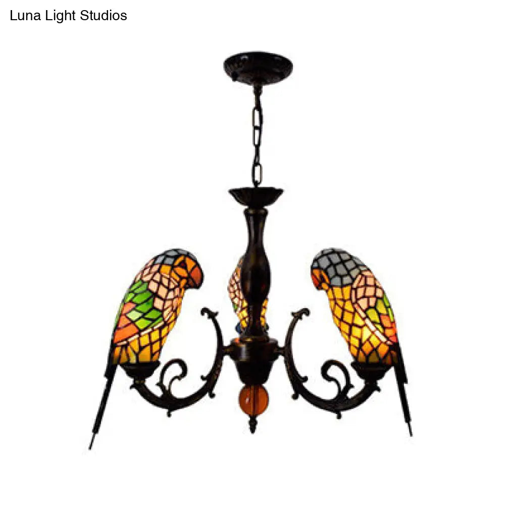 Tiffany Style Stained Glass Parrot Chandelier Light - Red/Blue - 3 Lights - Ideal for Restaurants
