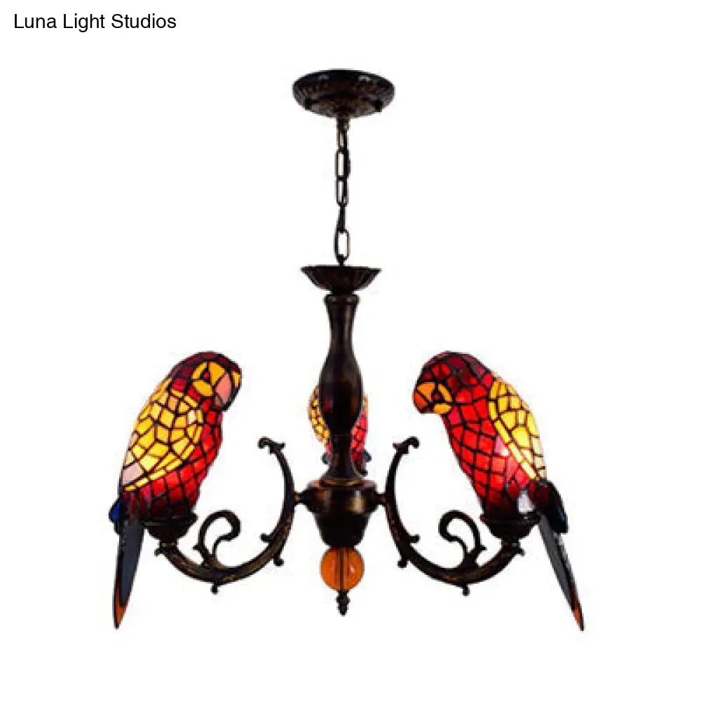 Tiffany Style Stained Glass Parrot Chandelier Light - Red/Blue - 3 Lights - Ideal for Restaurants