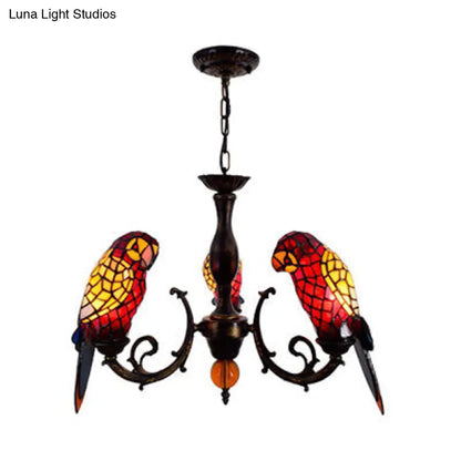 Tiffany Style Stained Glass Parrot Chandelier Light - Red/Blue - 3 Lights - Ideal for Restaurants