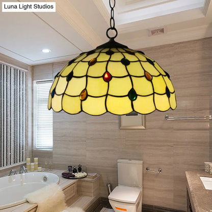 Tiffany-Style Stained Glass Pendant Lamp – Elegant 1-Head White Fixture with Jewel for Bathrooms