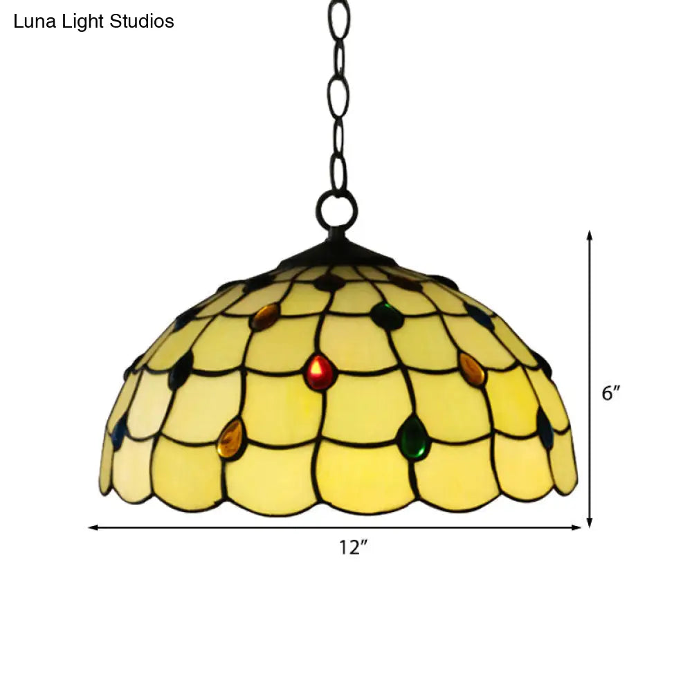 Tiffany-Style Stained Glass Pendant Lamp – Elegant 1-Head White Fixture with Jewel for Bathrooms