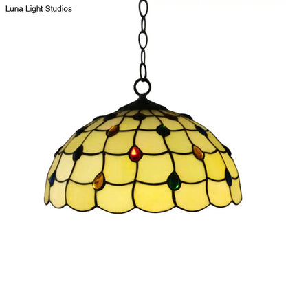 Tiffany-Style Stained Glass Pendant Lamp – Elegant 1-Head White Fixture with Jewel for Bathrooms