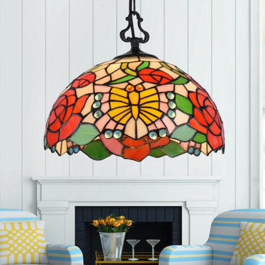 Tiffany-Style Stained Glass Pendant Light Fixture - Black Victorian/Butterfly/Sunflower Design