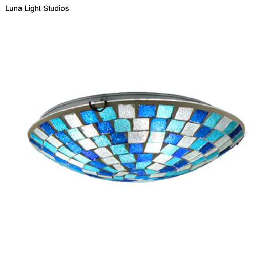 DecorBites™ DecorBites™ Tiffany Style Stained Glass Round Ceiling Light Fixture - 12"/16" Diameter - Flush Mount with Shell Decor - Blue & Sky Blue