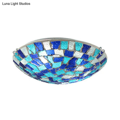 DecorBites™ DecorBites™ Tiffany Style Stained Glass Round Ceiling Light Fixture - 12"/16" Diameter - Flush Mount with Shell Decor - Blue & Sky Blue