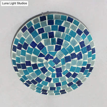 DecorBites™ DecorBites™ Tiffany Style Stained Glass Round Ceiling Light Fixture - 12"/16" Diameter - Flush Mount with Shell Decor - Blue & Sky Blue