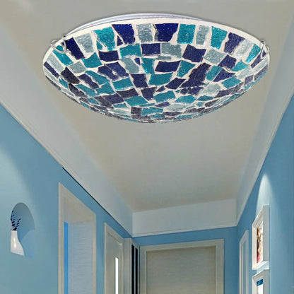 DecorBites™ DecorBites™ Tiffany Style Stained Glass Round Ceiling Light Fixture - 12"/16" Diameter - Flush Mount with Shell Decor - Blue & Sky Blue