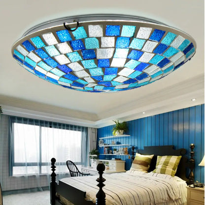 DecorBites™ DecorBites™ Tiffany Style Stained Glass Round Ceiling Light Fixture - 12"/16" Diameter - Flush Mount with Shell Decor - Blue & Sky Blue