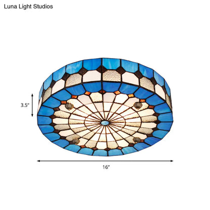 DecorBites™ DecorBites™ Tiffany Style Stained Glass Round Ceiling Light Fixture - Blue, 16"/23.5" - Flushmount with 3/4 Lights for Living Room