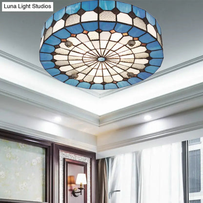 DecorBites™ DecorBites™ Tiffany Style Stained Glass Round Ceiling Light Fixture - Blue, 16"/23.5" - Flushmount with 3/4 Lights for Living Room