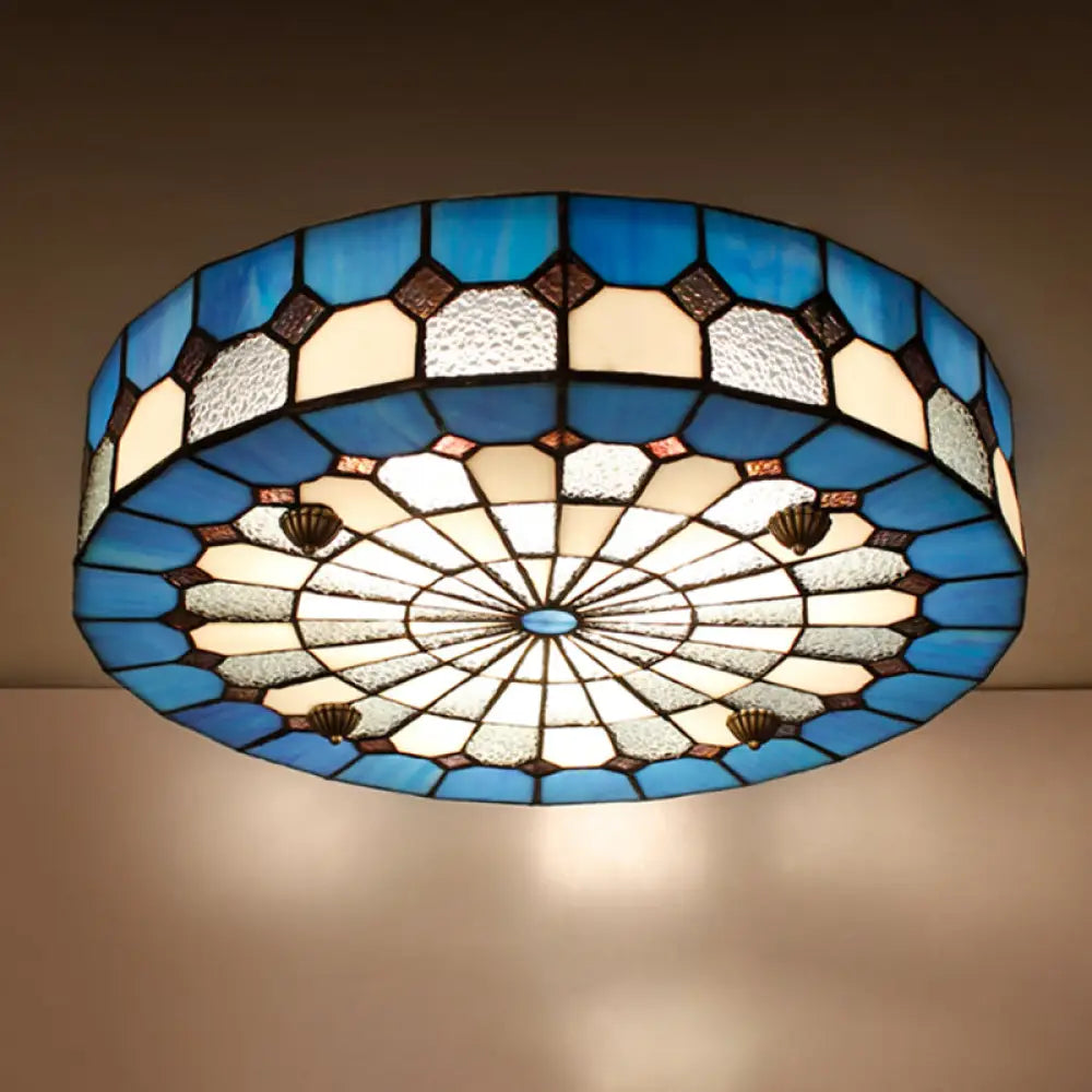 DecorBites™ DecorBites™ Tiffany Style Stained Glass Round Ceiling Light Fixture - Blue, 16"/23.5" - Flushmount with 3/4 Lights for Living Room