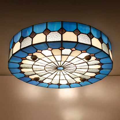 DecorBites™ DecorBites™ Tiffany Style Stained Glass Round Ceiling Light Fixture - Blue, 16"/23.5" - Flushmount with 3/4 Lights for Living Room