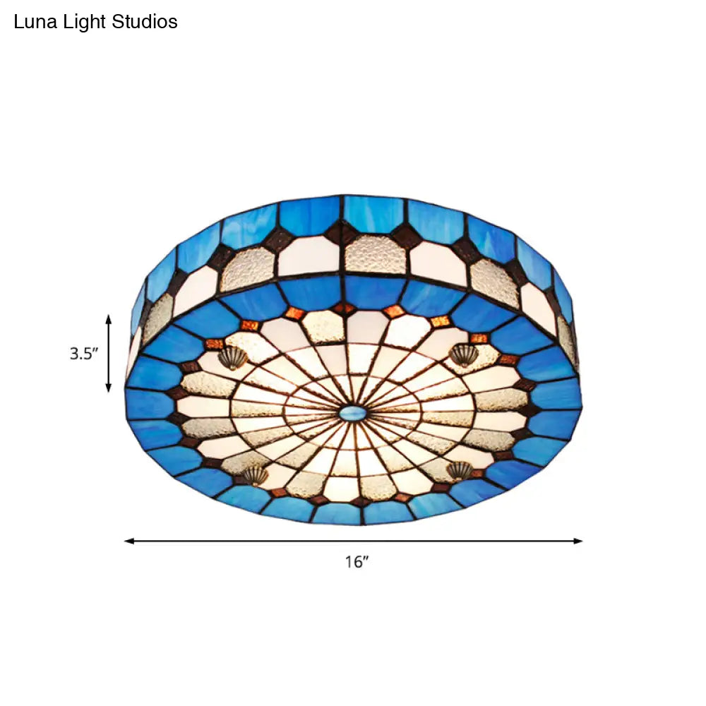DecorBites™ DecorBites™ Tiffany Style Stained Glass Round Ceiling Light Fixture - Blue, 16"/23.5" - Flushmount with 3/4 Lights for Living Room
