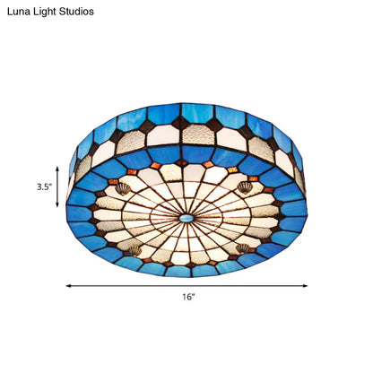 DecorBites™ DecorBites™ Tiffany Style Stained Glass Round Ceiling Light Fixture - Blue, 16"/23.5" - Flushmount with 3/4 Lights for Living Room