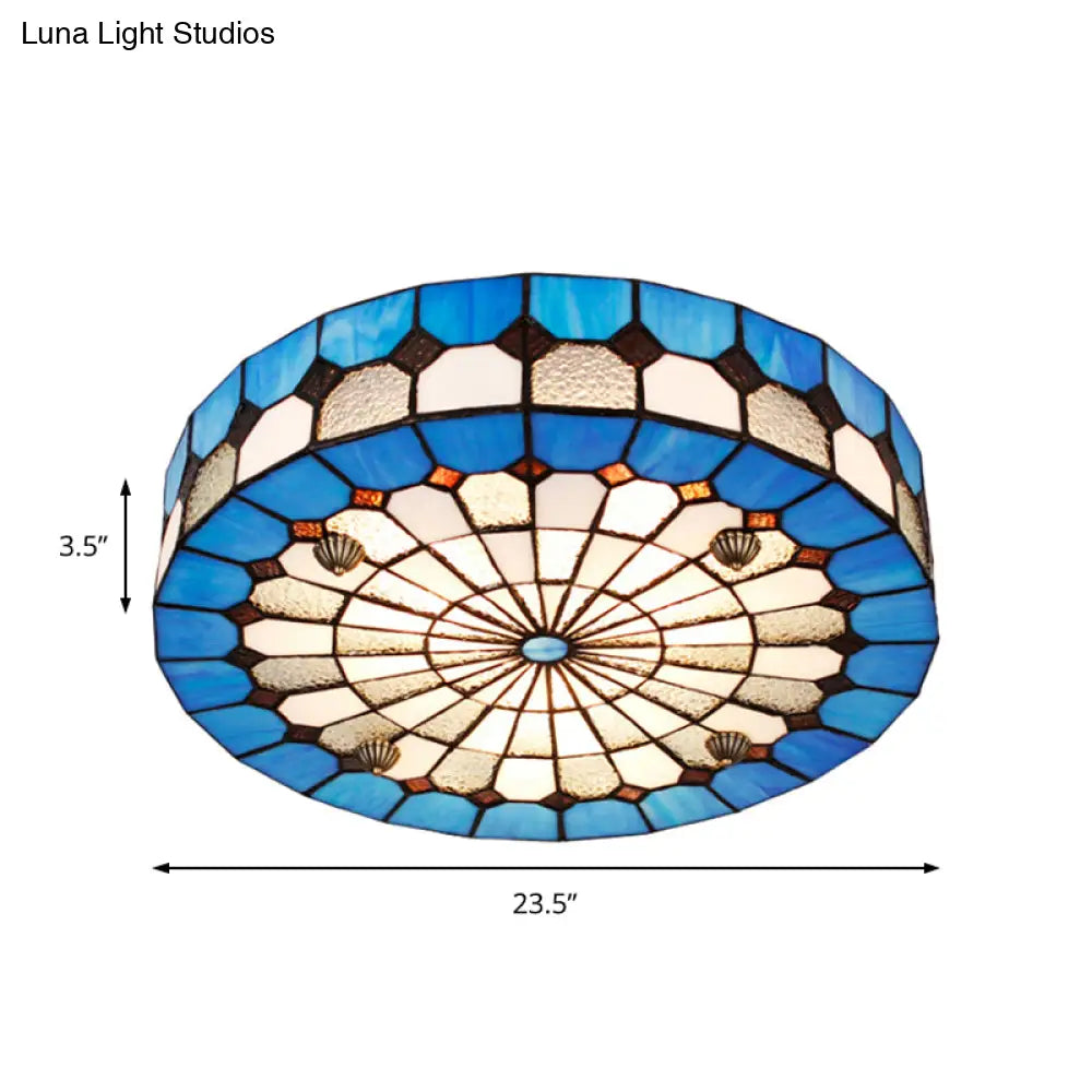 DecorBites™ DecorBites™ Tiffany Style Stained Glass Round Ceiling Light Fixture - Blue, 16"/23.5" - Flushmount with 3/4 Lights for Living Room
