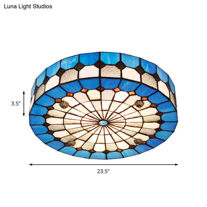 DecorBites™ DecorBites™ Tiffany Style Stained Glass Round Ceiling Light Fixture - Blue, 16"/23.5" - Flushmount with 3/4 Lights for Living Room