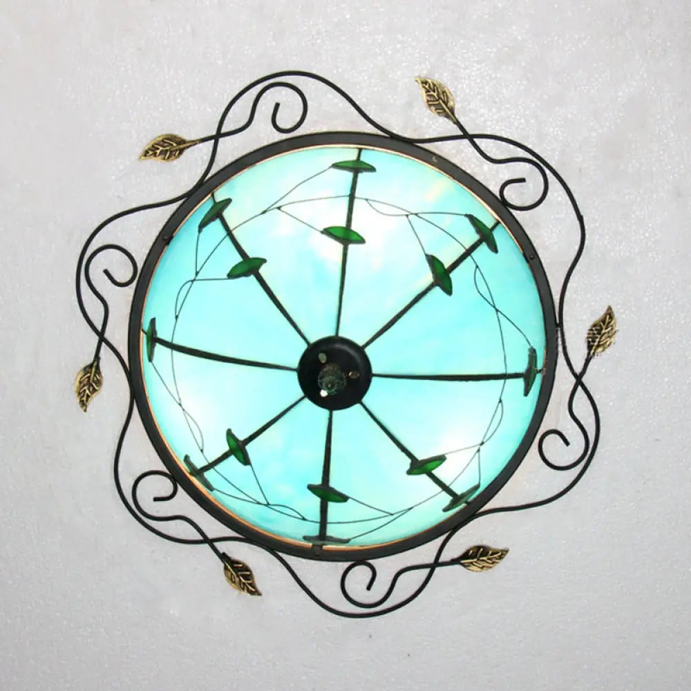 DecorBites™ DecorBites™ Tiffany Style Stained Glass Round Ceiling Light Fixture with Leaf Pattern - Beige/Blue, 3 Bulbs