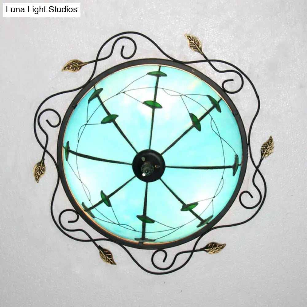 DecorBites™ DecorBites™ Tiffany Style Stained Glass Round Ceiling Light Fixture with Leaf Pattern - Beige/Blue, 3 Bulbs