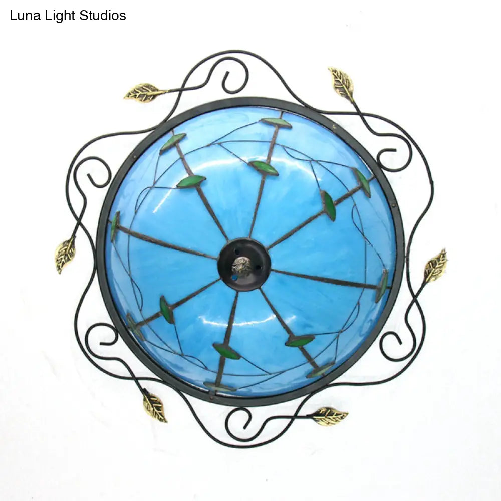 DecorBites™ DecorBites™ Tiffany Style Stained Glass Round Ceiling Light Fixture with Leaf Pattern - Beige/Blue, 3 Bulbs