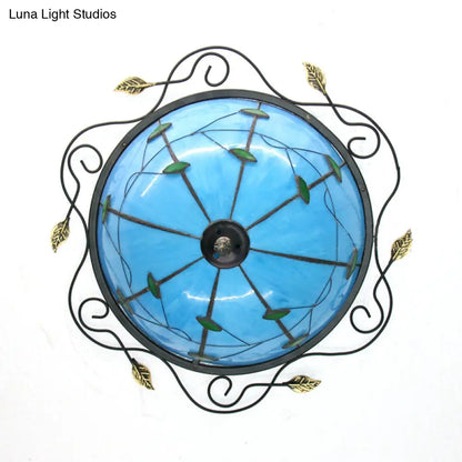 DecorBites™ DecorBites™ Tiffany Style Stained Glass Round Ceiling Light Fixture with Leaf Pattern - Beige/Blue, 3 Bulbs