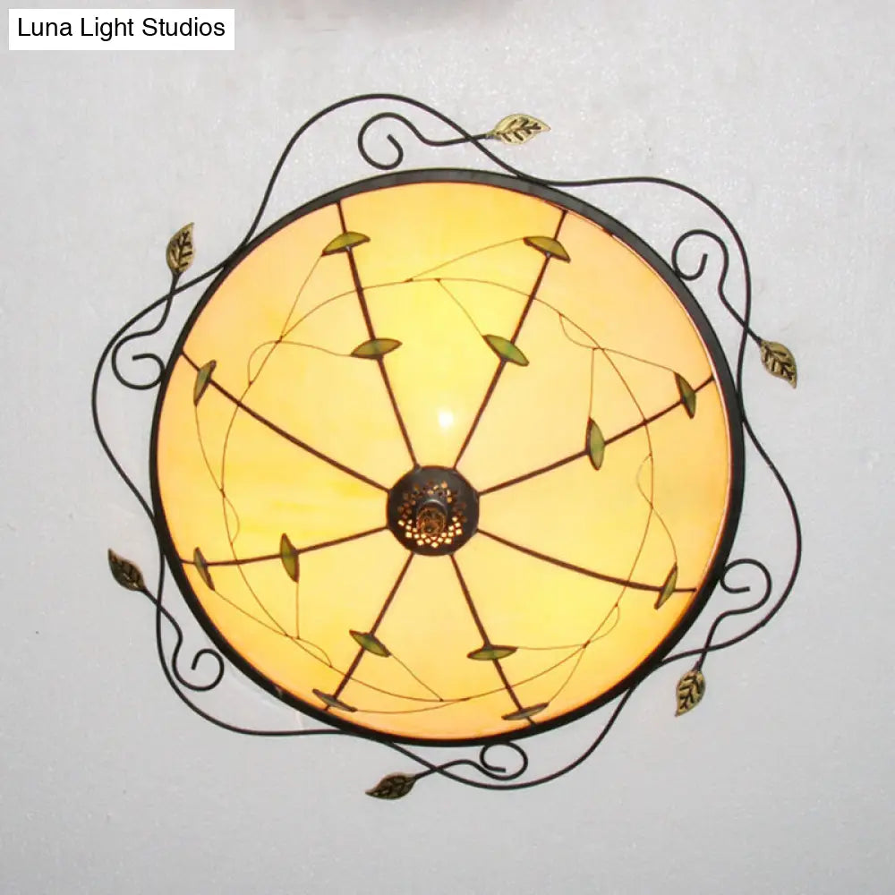 DecorBites™ DecorBites™ Tiffany Style Stained Glass Round Ceiling Light Fixture with Leaf Pattern - Beige/Blue, 3 Bulbs