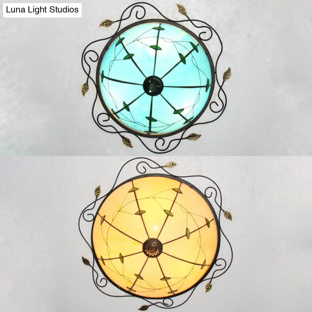 DecorBites™ DecorBites™ Tiffany Style Stained Glass Round Ceiling Light Fixture with Leaf Pattern - Beige/Blue, 3 Bulbs