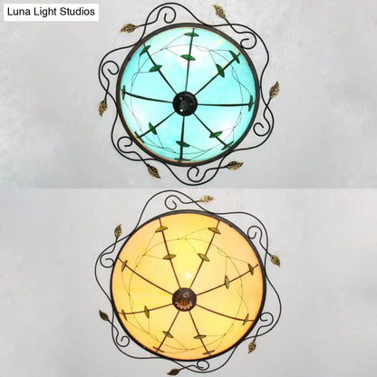 DecorBites™ DecorBites™ Tiffany Style Stained Glass Round Ceiling Light Fixture with Leaf Pattern - Beige/Blue, 3 Bulbs