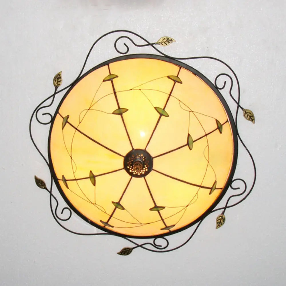 DecorBites™ DecorBites™ Tiffany Style Stained Glass Round Ceiling Light Fixture with Leaf Pattern - Beige/Blue, 3 Bulbs
