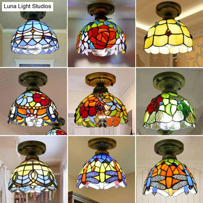 DecorBites™ DecorBites™ Tiffany Style Stained Glass Semi Flush Ceiling Light Fixture with Bowl Shade