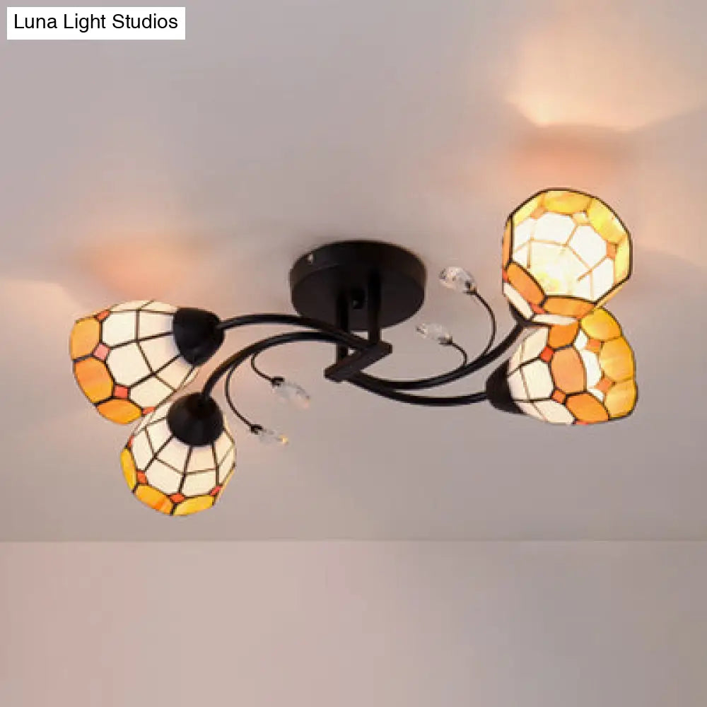 DecorBites™ DecorBites™ Tiffany Style Stained Glass Semi Flush Light - Blue/Orange Bowl Design Ideal for Bedrooms