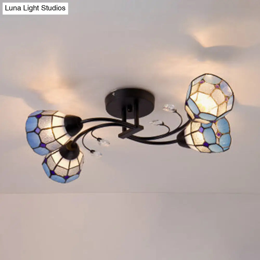 DecorBites™ DecorBites™ Tiffany Style Stained Glass Semi Flush Light - Blue/Orange Bowl Design Ideal for Bedrooms