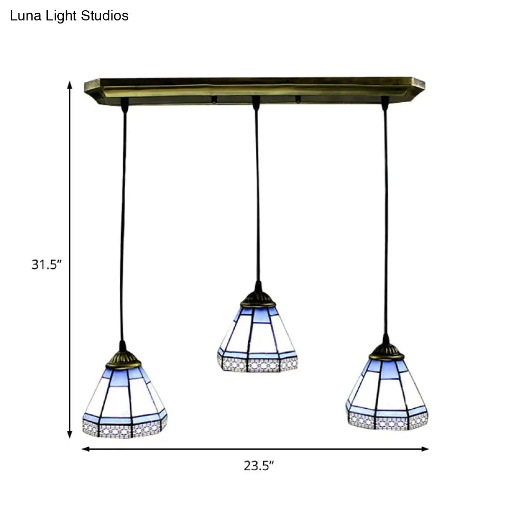 Tiffany-Style Stained Glass Swag Lamp: Blue & White Cluster Pendant Light (3 Heads) with Canopy